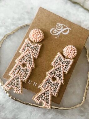 #1087 Plunder Blush Beaded Drop “MAMA” Earrings with Clear Rhinestones